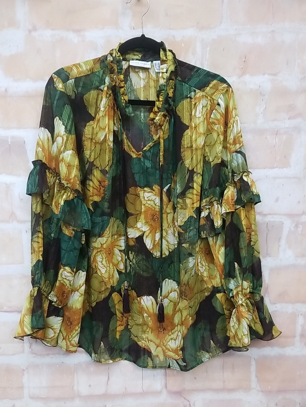 Susan GRAVER Green & Yellow Floral Ruffle Tie-Neck Blouse
